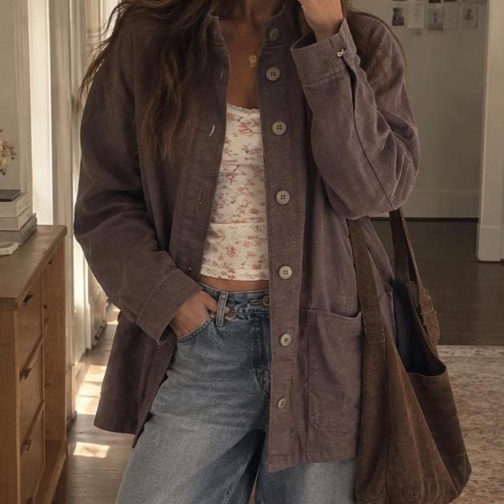 brown oversized jacket long brown longsleeve mock neck button down jacket